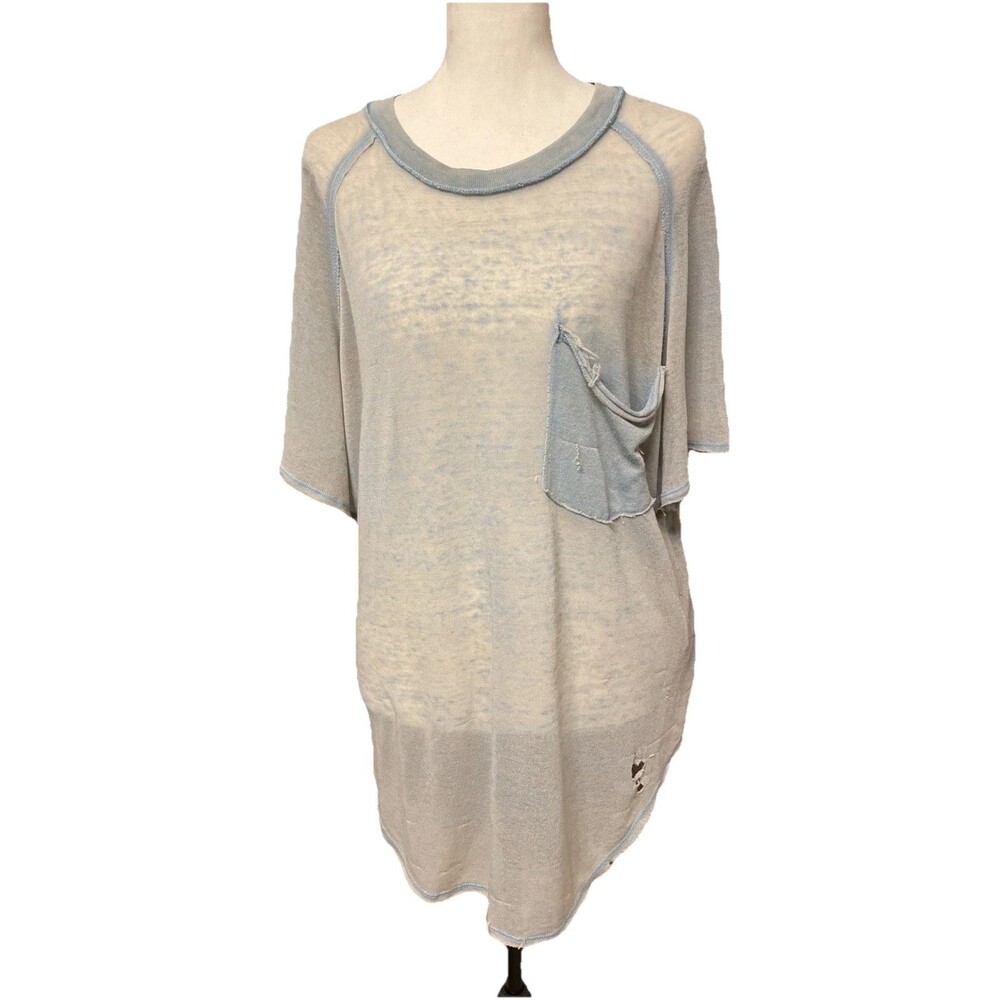 We The Free People Med Blue womens Top Kyoto Blue Distressed Oversized Burnout